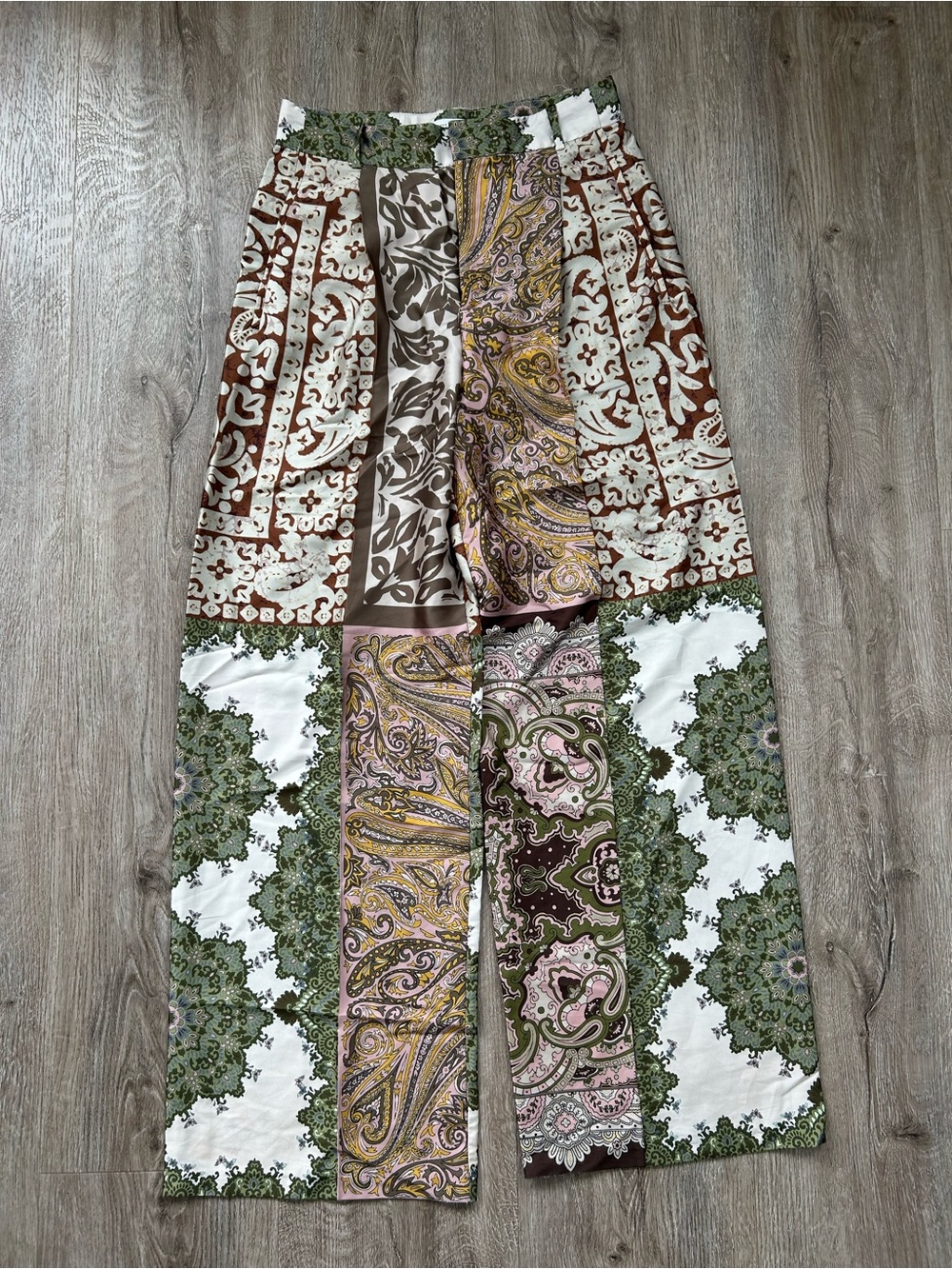 Zara Patchwork Paisley Silky Wide Leg Pants in Olive, Brown, Pink & Mustard